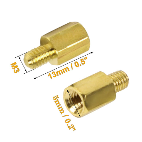 Hardcore Heavy Duty M3 Hex Brass Standoff Spacers 10 Piece Set with M3 threaded screws, 13mm length, 5mm width for DIY tech projects.
