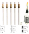 Six Pack Wine Bottle Torch Wicks Kit For Outdoor Lighting with wicks, lamp covers, and brass mounts, example torch burning