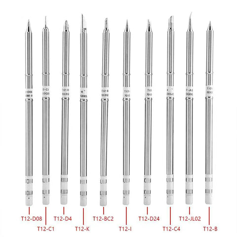Pro Grade Soldering Iron Tips Set For FX-951 Rework Station, 10 Types Replacement Tips, arranged vertically in a row