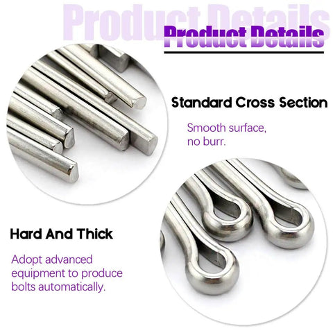 Close-up of 110Pcs 304 Stainless Steel Cotter Pin Clip Fastener Assortment Kit showing smooth cross-section and loop ends.