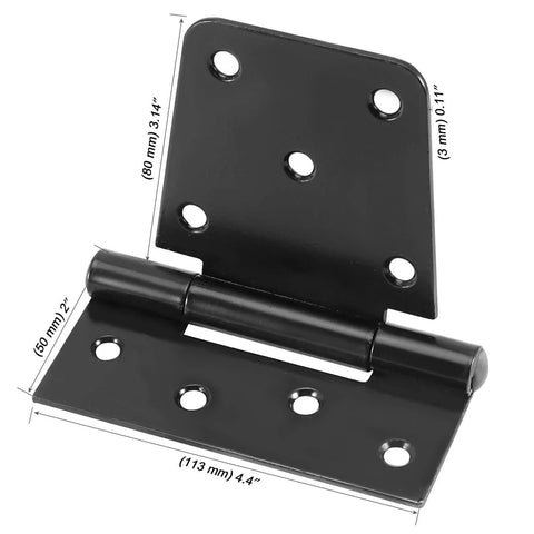 Heavy Duty Wrought Iron Door And Gate Hinges close-up, black rustproof barn hinge with dimensions labeled, ideal for wood fences.