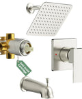 Tub and Shower Faucet Set with Pressure Balance Valve, 8 Inch Rain Shower Head, Tub Spout, Single Handle Trim Kit, Gold Finish