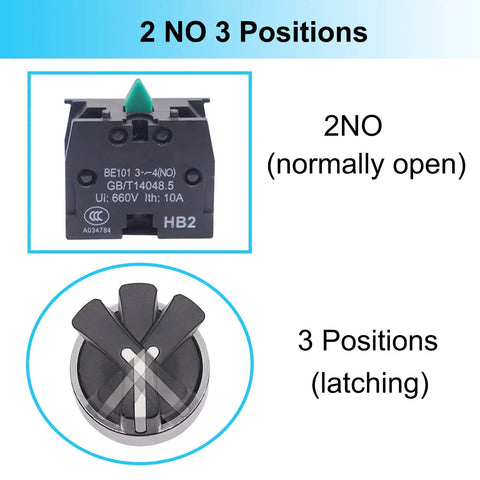 Close-up of Two Pack 22mm Rotary Selector Switch Maintained Latching 3 Position 2NO 440V 10A for electronics projects model HB2.