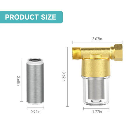 Heavy Duty Copper Water Filter For Washing Machines And Showers, 40 Micron Impurity Filtration, product dimensions shown