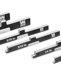 Top Shelf Anodized Aluminum Setup Blocks Eight Piece Precision Gauge Set For Router Tables And Table Saws With Laser Etched Markings CNC machined setup blocks with size markings.