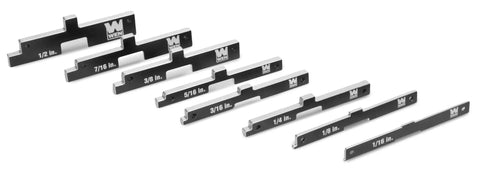 Top Shelf Anodized Aluminum Setup Blocks Eight Piece Precision Gauge Set For Router Tables And Table Saws With Laser Etched Markings CNC machined setup blocks with size markings.