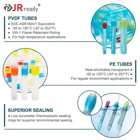 IP68 Waterproof Heat Shrink Butt Splice Connector Kit showing PVDF and PE sleeves for high temperature applications