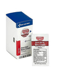 Front view of First Aid Only SmartCompliance burn cream refill box with 10 packets and WaterJel burn cream sachet.