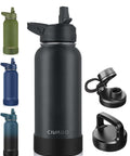 32 Oz Insulated Water Bottle With Straw Spout And Handle Lid Stainless Steel Sports Flask, black, shown with 3 lid options