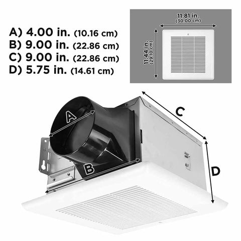 Ultra Quiet 80 CFM Bathroom Exhaust Fan With PSC Motor, dimensions, galvanized steel housing, vent cover detail view