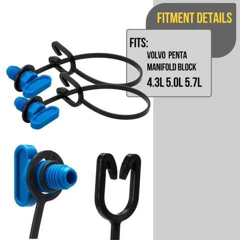 Two Pack Drain Plug Replacement With O Ring And Retaining Strap For Volvo Penta Marine Manifold Block Fits 4 3L 5 0L 5 7L Engines Blue Nylon Plugs