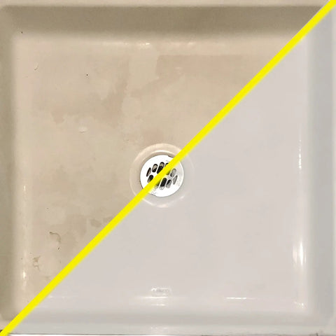 Hard Off Plus Hard Water Stain And Spot Remover showing before and after cleaning effect on stained bathroom surface