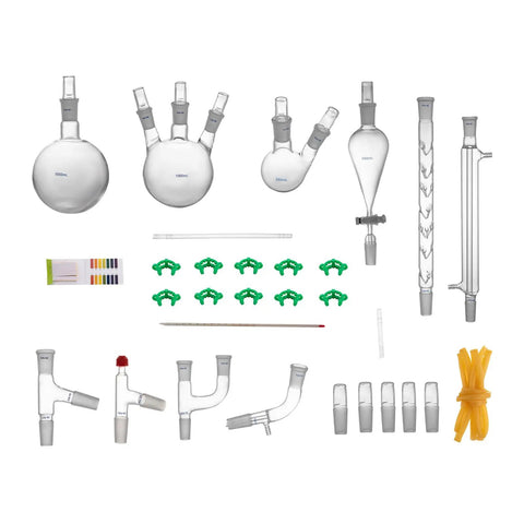 29 Piece Lab Glassware Set 250mL To 1000mL Distillation Kit With 24 To 40 Joint Pro Grade Borosilicate Glass displayed