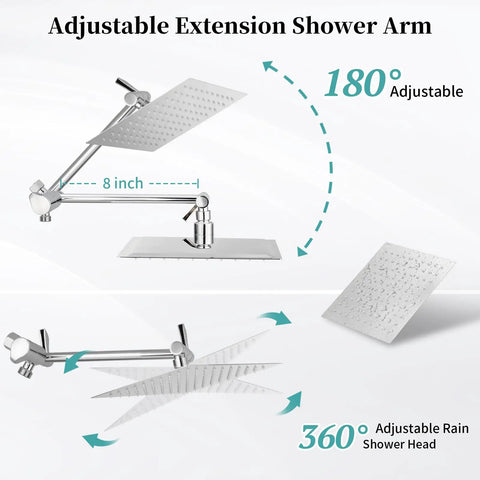 High Pressure Rain Shower Head With Handheld And 9 Settings, 8 Inch Rainfall Shower Head; 11 Inch Extension Arm; adjustable positions