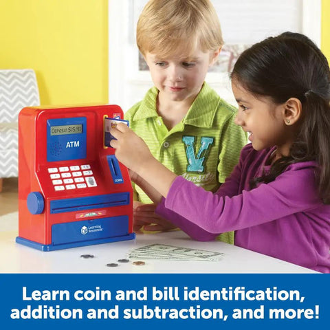 Two children using Kid Friendly Interactive Pretend ATM Bank For Kids Electronic Piggy Bank to learn money management.