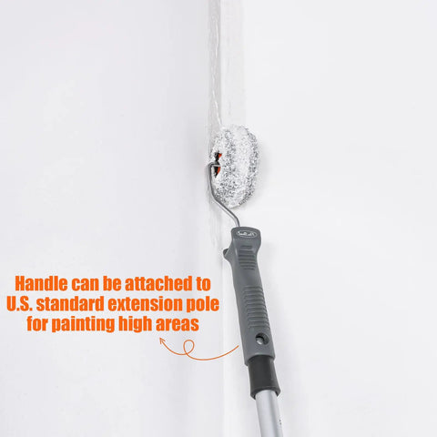 Four Pack Drywall Corner Roller Kit With Two Inch Threaded Frame And Half Inch Nap Covers For Slick Joint Compound Application That Goes On Smooth And Makes Wall Finishing Work A Breeze showing roller handle attached to extension pole for high areas.