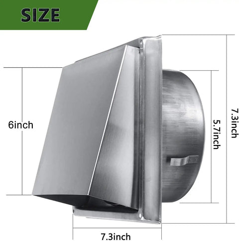 Pro Grade Six Inch Stainless Steel Square External Exhaust Vent Cover With 45 Degree Louvers And Mesh Screen, dimension illustration