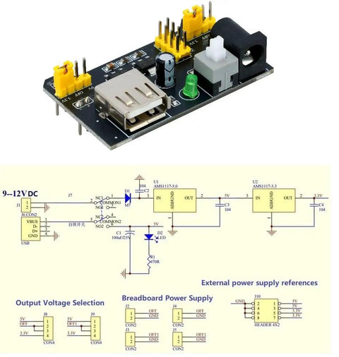 Hella Reliable Dual Voltage Power Supply Module Adapts To 400 And 830 Point Solderless Breadboards with USB and DC inputs.