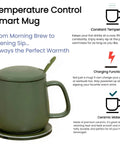 Smart Temperature Control Heated Coffee Mug 13 Oz Premium Ceramic Warm Auto Heater That Keeps Your Sip Toasty All Day With Integrated 15W Wireless Phone Charger Stand Olive Green with lid and base.