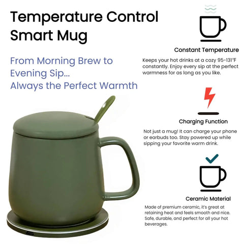 Smart Temperature Control Heated Coffee Mug 13 Oz Premium Ceramic Warm Auto Heater That Keeps Your Sip Toasty All Day With Integrated 15W Wireless Phone Charger Stand Olive Green with lid and base.