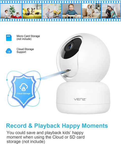 1080P Indoor Security Cam With 360 Degree PTZ, Two Way Audio, Night Vision, 2.4G WiFi, Easy Phone App Control shown with micro and cloud storage options.
