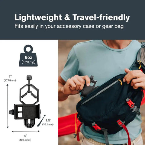 Universal Smartphone Adapter For Telescope Binoculars And Spotting Scopes Lets You Capture High Quality Photos And Video Through Your Eyepiece With A Durable Metal Body Compact And Travel Ready shown beside a person packing the adapter into a small travel bag.