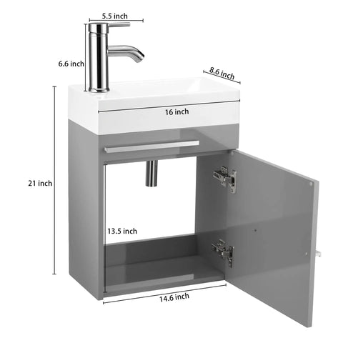 Compact 16 Inch Bathroom Vanity Sink Combo For Small Spaces Wall Mounted Cabinet Set With Chrome Faucet Pop Up Drain
