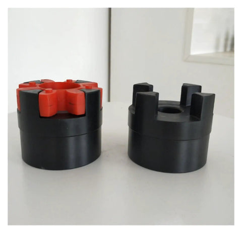 XL Star Type Jaw Coupling With Shock Absorbing Rubber Spider Center Built Like A Tank For Heavy Duty Motor Drives, showing red and black components.