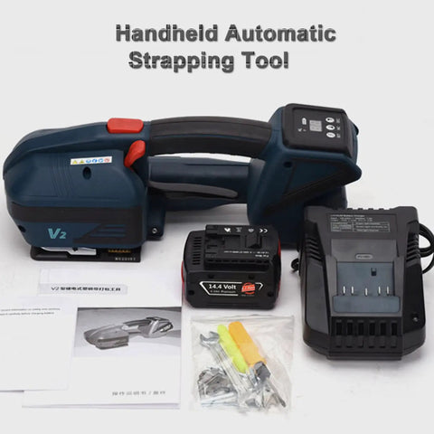 Heavy Duty Handheld Automatic Strapping Machine For One Half To Five Eighth Inch Pp Pet Straps With Built In Battery Powered Electric Banding Tool and charger.