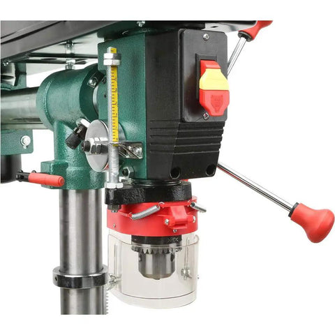 Close-up of controls on Heavy Duty 34-Inch Benchtop Radial Drill Press with 5 Speed Variable Swing and Pivoting Head