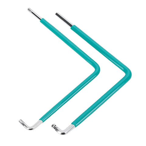 Top Tier Heavy Duty Window And Door Adjustment Tool Set With 59CrV4 Steel Hex Wrenches Plus T15 Star Key And 4mm Ball Head Bit, two teal L-bend tools