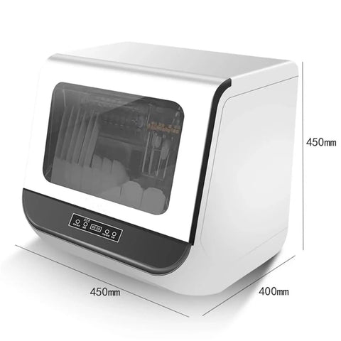 Compact Countertop Dishwasher Featuring Automatic Self Draining Tech A True Kitchen Game Changer For Quick Messes And Tight Spaces with stainless interior visible.