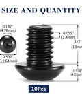 10 Pack Of 5/16-18 By 1/2 Button Head Socket Cap Bolts And Screws Made From Premium 304 Stainless Steel With Black Oxide Coating And Matched Allen Wrench For Hella Durable Garage And Auto Work showing size details and dimensions.