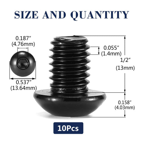 10 Pack Of 5/16-18 By 1/2 Button Head Socket Cap Bolts And Screws Made From Premium 304 Stainless Steel With Black Oxide Coating And Matched Allen Wrench For Hella Durable Garage And Auto Work showing size details and dimensions.