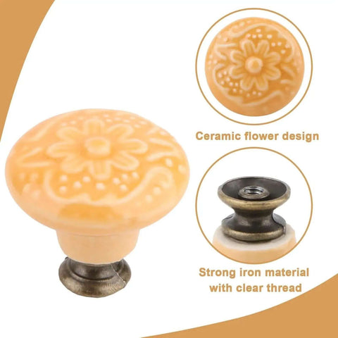 Set Of Six Bright Yellow Ceramic Cabinet Knobs Featuring Classic Floral Handles That Are Hella Durable And Ready For Zero Drama Cleanup This Total Kitchen Game Changer Adds Sweet Vintage Vibes To Any Drawer Or Cupboard Upgrade. Ceramic floral handle with iron base.