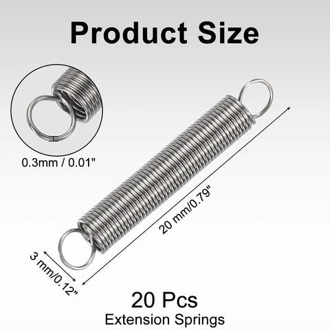 Dtaig 20 Pack 304 Stainless Steel Extension Springs Super Tiny Coil, size 20mm long, 0.3mm wire, perfect for DIY repairs.