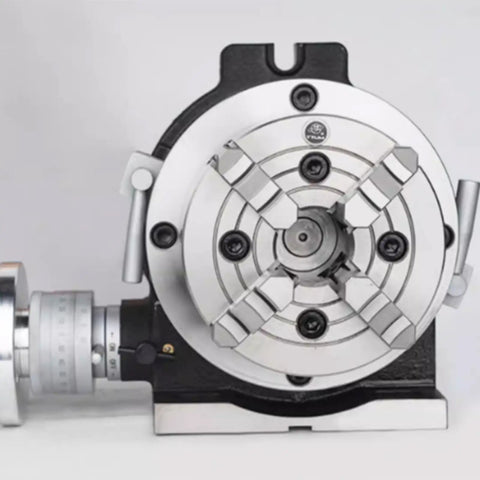Built Tough Universal Indexing Head For Rotary Table With Four Jaw Chuck And 90 To 1 Worm Gear Vertical Horizontal Milling Rig 12 Inch precision chuck design.