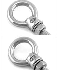 Close-up view of Five Pack One Quarter Inch By Four Inch Stainless Steel Marine Grade Shoulder Eyebolts For Ropes And Cables Outdoor DIY Beefy Heavy Duty Anchoring Rust Resistant And Corrosion Proof Easy To Install, highlighting the M6 size and 304 stainless steel engraving.