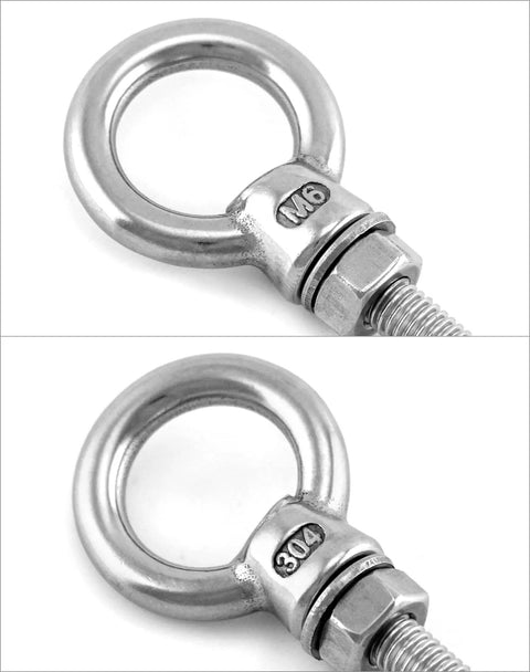 Close-up view of Five Pack One Quarter Inch By Four Inch Stainless Steel Marine Grade Shoulder Eyebolts For Ropes And Cables Outdoor DIY Beefy Heavy Duty Anchoring Rust Resistant And Corrosion Proof Easy To Install, highlighting the M6 size and 304 stainless steel engraving.