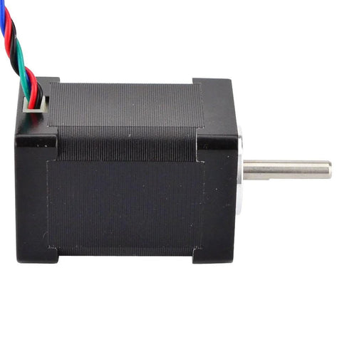 NEMA 14 stepper motor side view, black housing, silver shaft, four-wire leads.