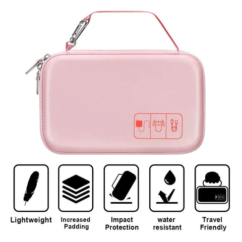 Heavy Duty Travel Electronic Organizer Case With Sleek Cable Pouch For Chargers And Gadgets in pink with zipper and handle.