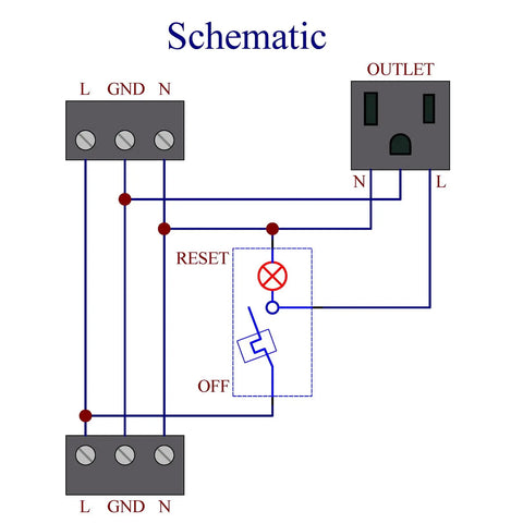 Schematic of Rail Mount 120V NEMA 5-15R Single Outlet Power Strip Module with Rocker Switch and Resettable Thermal Circuit Breaker.