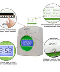 Small Business Starter Time Clock Bundle with Employee Punch Clock System Loaded with One Hundred Time Cards Secure Rack and Premium Ribbon for Legit Accurate Payroll Tracking No Sweat Setup and Straight Up Reliable Performance with ergonomic buttons and oversized LCD screen.