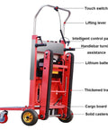 Heavy Duty Electric Stair Climber Hand Truck With 300 Kg Load Capacity And Silent Crawler Design For Fast Logistics Work In Warehouses Featuring 2200w Brushless Motor Plus Long Battery Life showing touch switch and lifting lever.