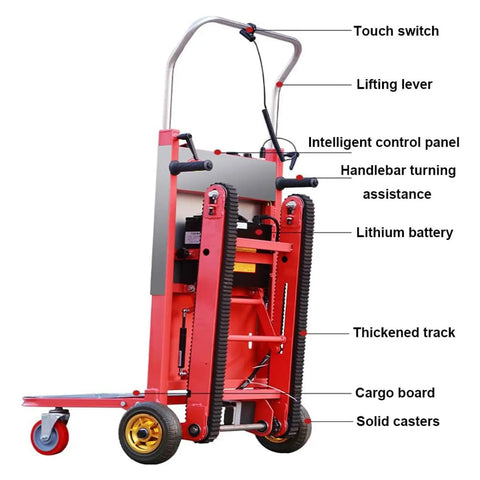 Heavy Duty Electric Stair Climber Hand Truck With 300 Kg Load Capacity And Silent Crawler Design For Fast Logistics Work In Warehouses Featuring 2200w Brushless Motor Plus Long Battery Life showing touch switch and lifting lever.
