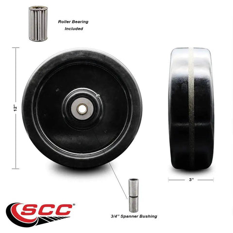 Heavy Hitting 12 Inch Phenolic Caster Wheel With Reliable Roller Bearing And 3/4 Inch Bore Crushing Loads Up To 3500 Pounds While Running Smooth As Butter In Deep Black