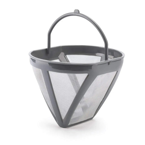 Coffee filter basket made of grey plastic and mesh, designed for use in the Boost Your Daily Grind With This Smooth Operator Retro Drip Coffee Maker Featuring 10 Cup Glass Carafe Programmable Auto Start Keep Warm Plate And Dual Strength Settings In Bold Red.