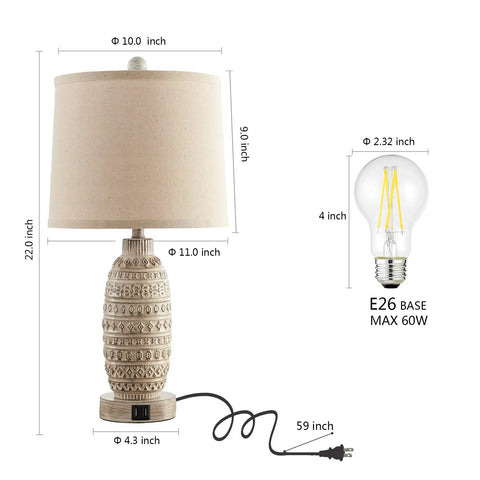 Rustic Dual USB Table Lamps Set Of 2 For Bedroom And Living Room 3 Way Dimmable Nightstand Lamps With Linen Fabric Shades Built In USB Ports
