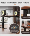 Smooth Lift Height Adjustable Standing Desk Rock Solid Steel Frame With Spacious Wood Top Quiet Sit Stand Workstation showing cup holder and motor details.