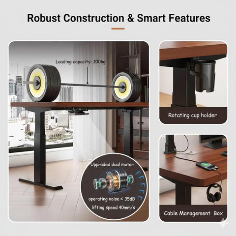 Smooth Lift Height Adjustable Standing Desk Rock Solid Steel Frame With Spacious Wood Top Quiet Sit Stand Workstation showing cup holder and motor details.